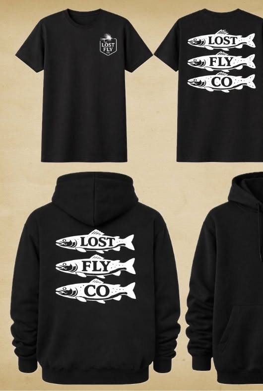 Lost Fly Co. tees and hoodies, black with stacked fish design.