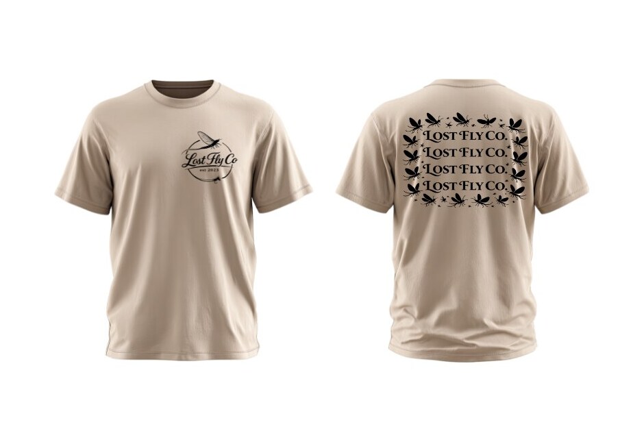 Attack of the Flies Tee in sand, front with Lost Fly Co. chest mark and back with a swarm of flies around stacked Lost Fly Co. lettering