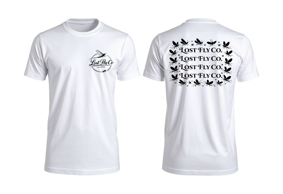 Attack of the Flies Tee in white, front with Lost Fly Co. chest mark and back with a swarm of flies around stacked Lost Fly Co. lettering