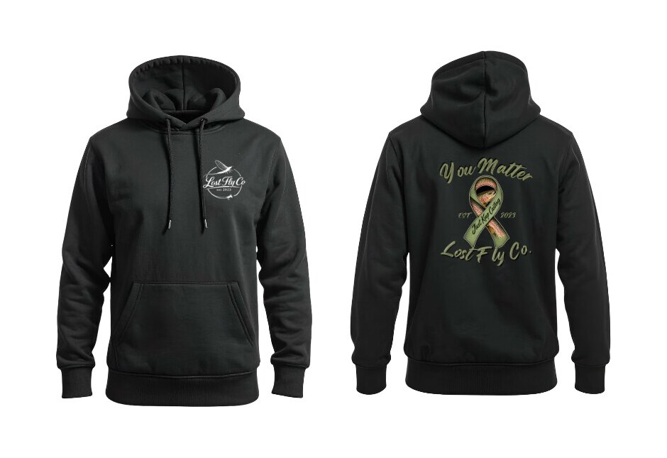 You Matter Hoodie in black, front with Lost Fly Co. chest mark and back with the You Matter trout ribbon