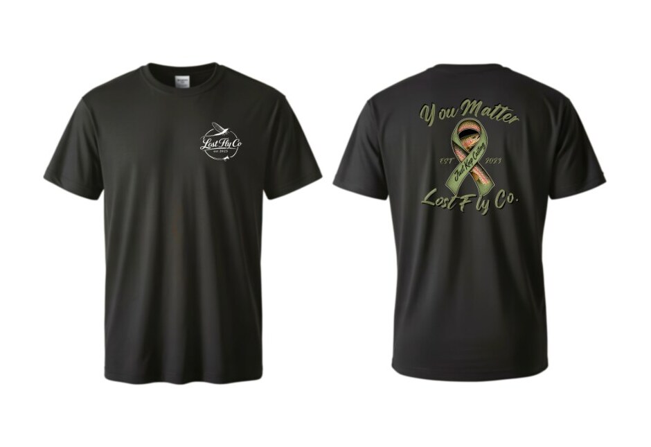You Matter Tee in black, front with Lost Fly Co. chest mark and back with the You Matter trout ribbon