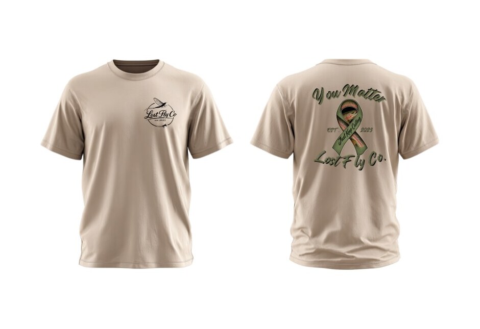 You Matter Tee in sand, front with Lost Fly Co. chest mark and back with the You Matter trout ribbon