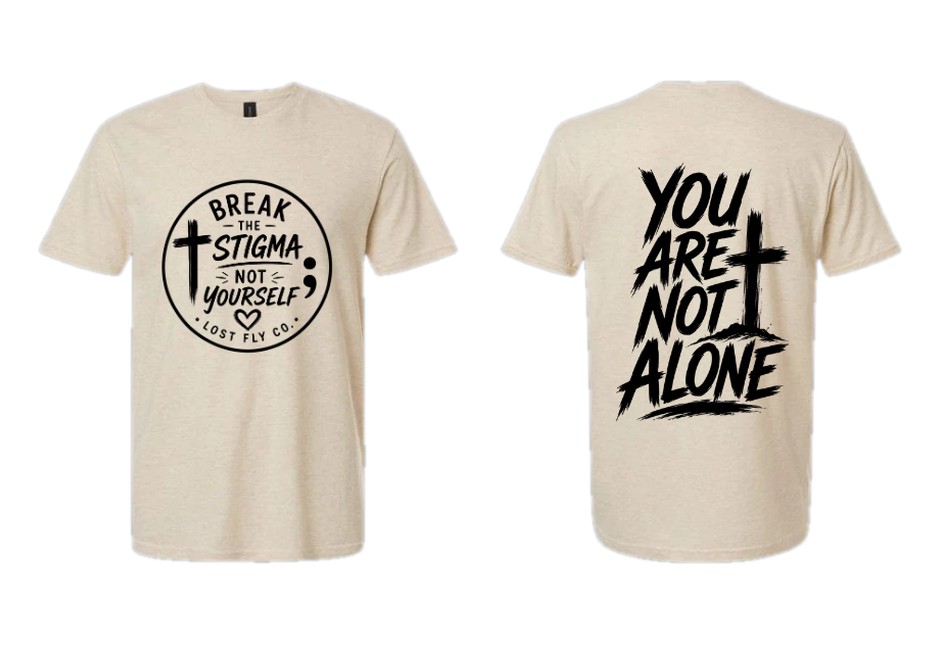 Break the Stigma Tee in heather oatmeal, front with the Break the Stigma Not Yourself circle design and back with You Are Not Alone lettering